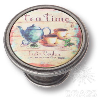 550PT64 Ручка кнопка  - TEA TIME,  старое серебро