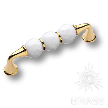 2537-030-96-WHITE Ручка скоба латунь с белыми  кристаллами, глянцевое золото 24K, 96 мм